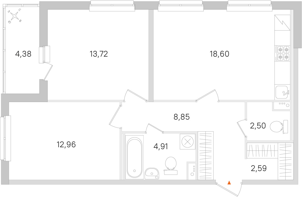 Планировка: 2-комнатная квартира, 64,1 м²