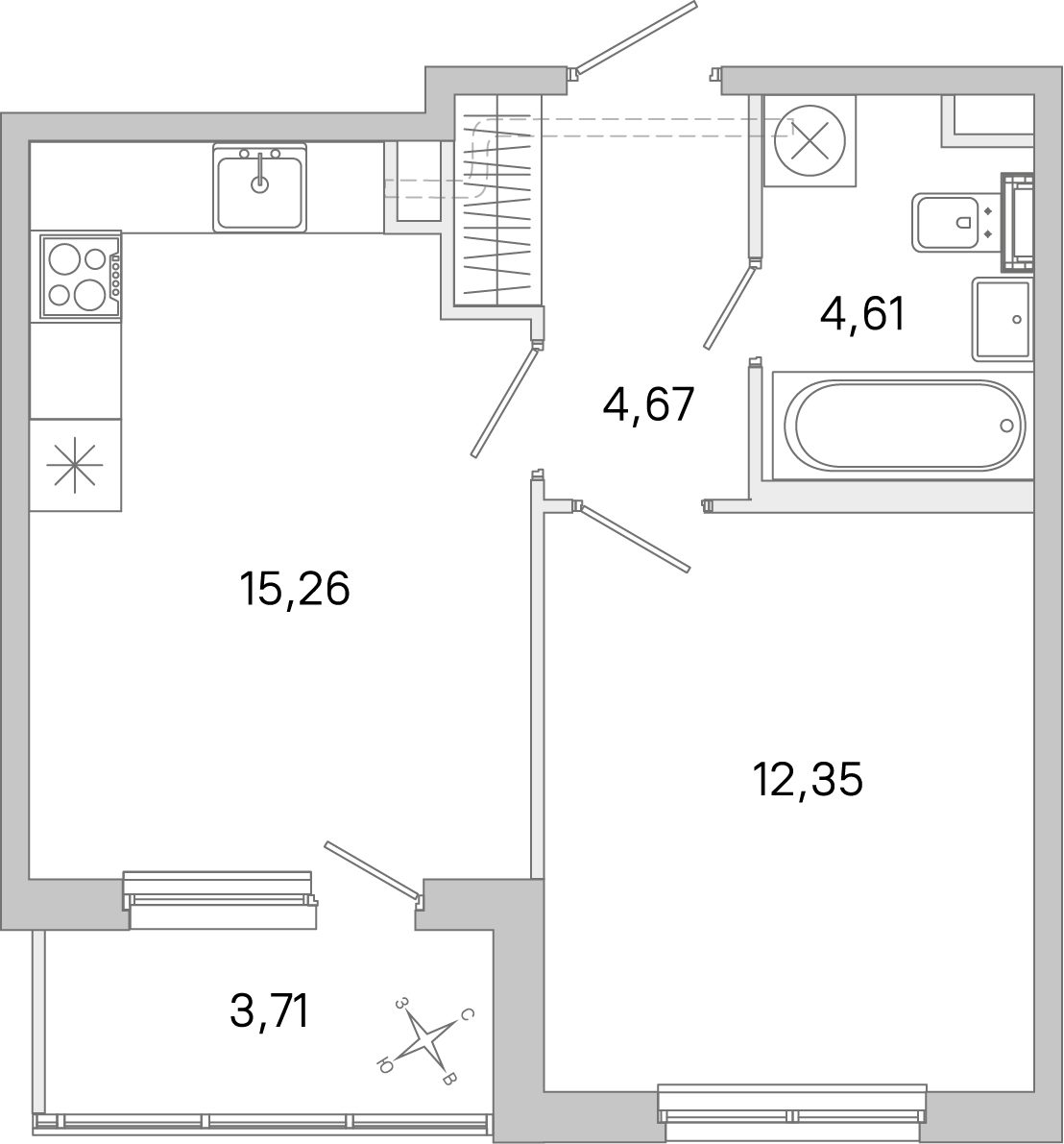 Планировка: 1-комнатная квартира, 36,9 м²