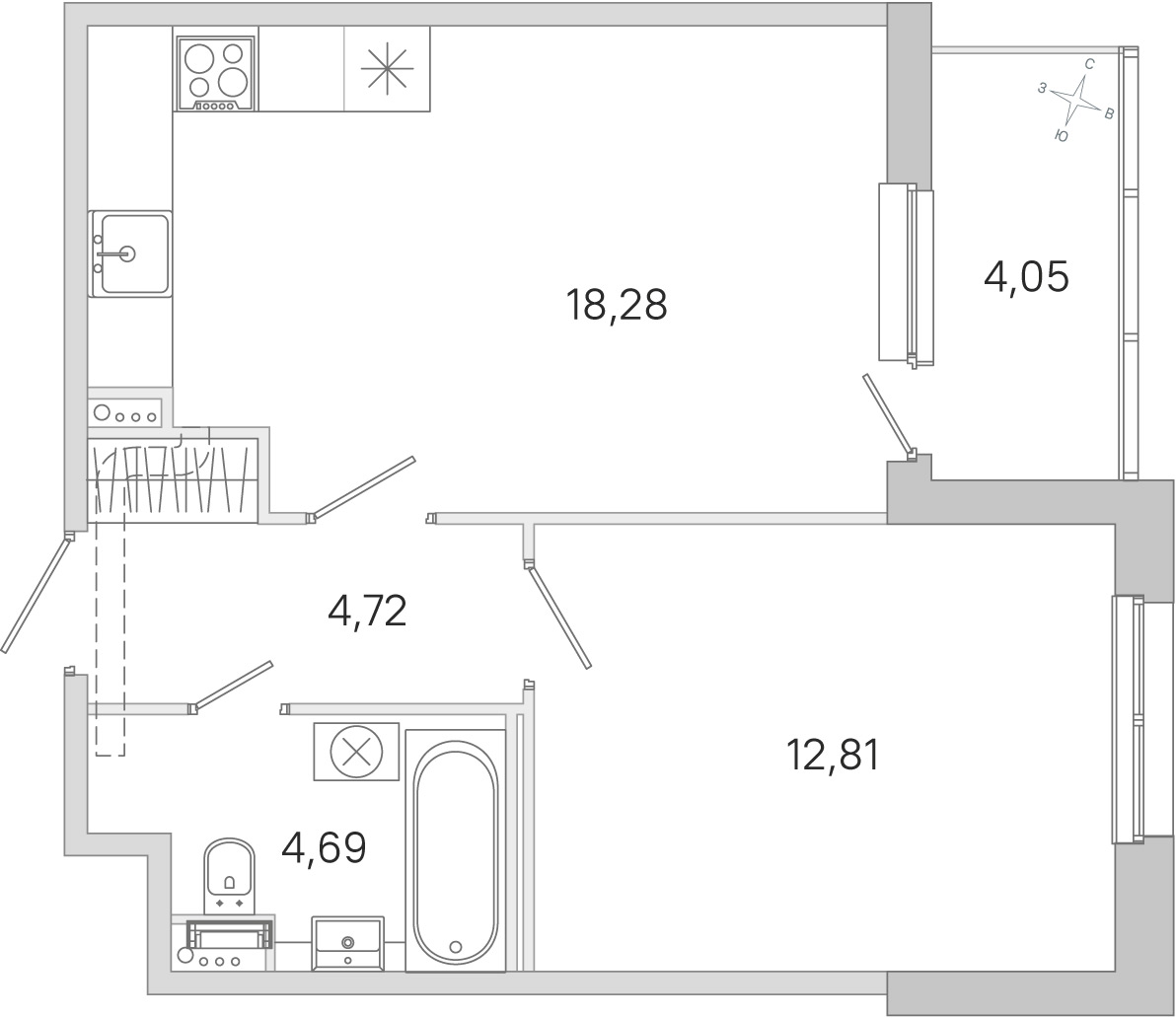 Планировка: 1-комнатная квартира, 40,5 м²