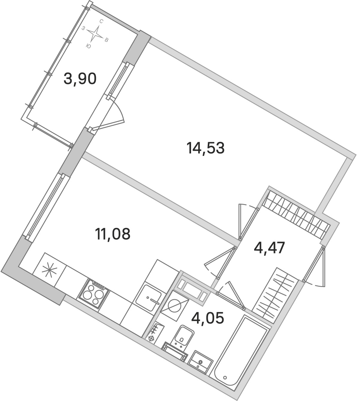Планировка: 1-комнатная квартира, 34,1 м²