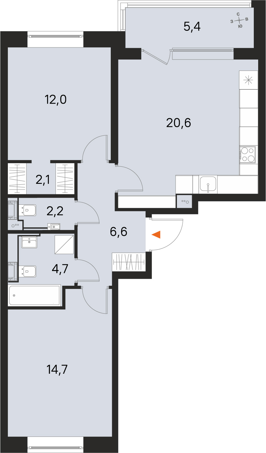 Планировка: 2-комнатная квартира, 62,9 м²