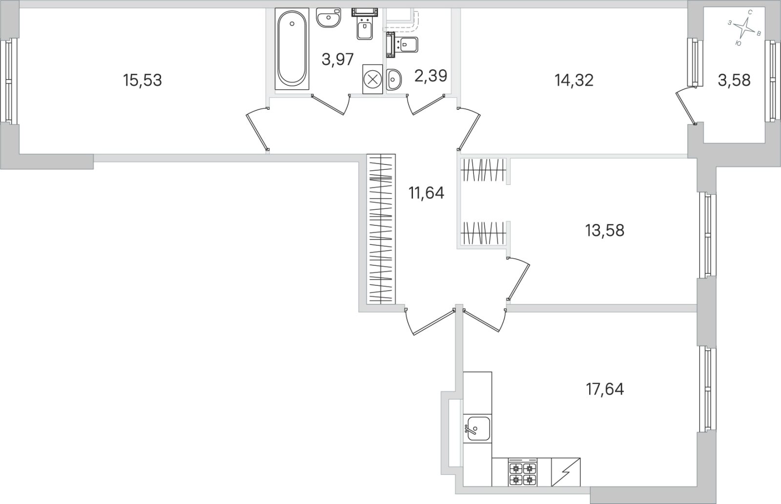 Планировка: 3-комнатная квартира, 79,1 м²