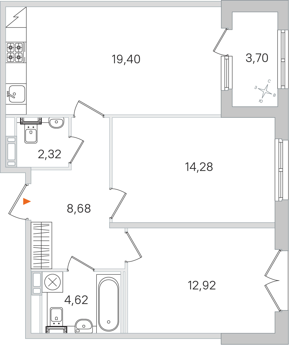 Планировка: 2-комнатная квартира, 62,2 м²