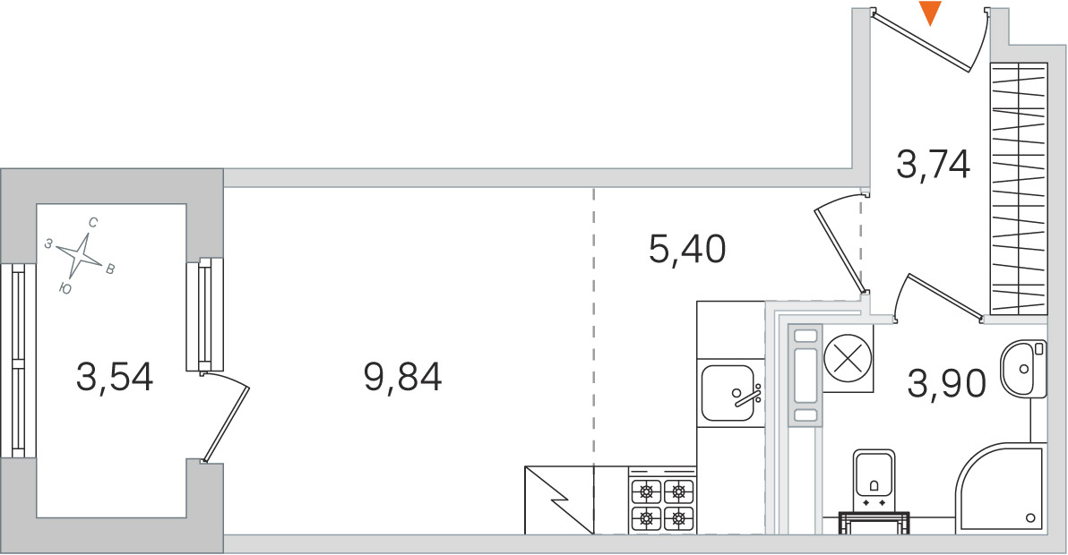 Планировка: студия, 22,9 м²