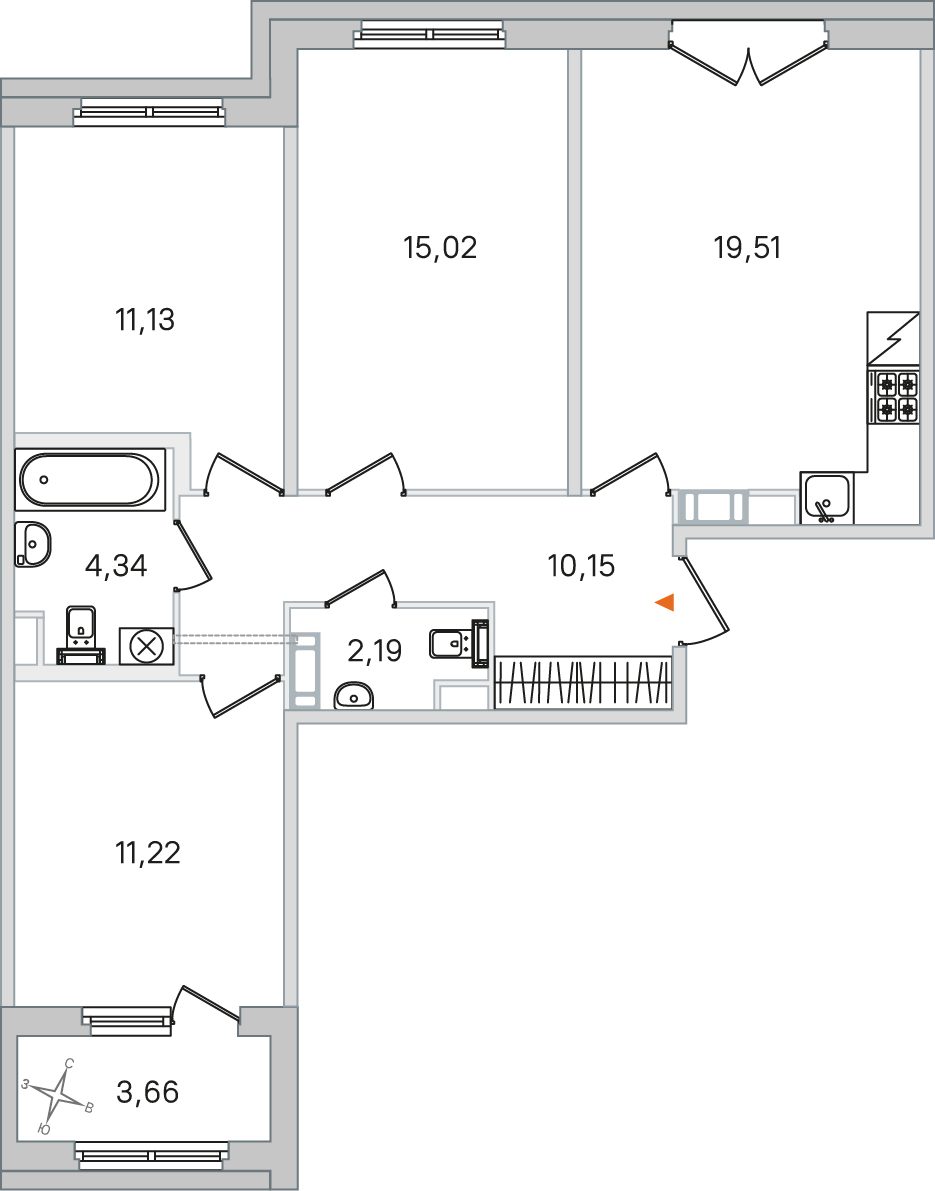 Планировка: 3-комнатная квартира, 73,6 м²