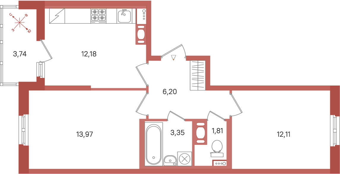 Планировка: 2-комнатная квартира, 49,6 м²