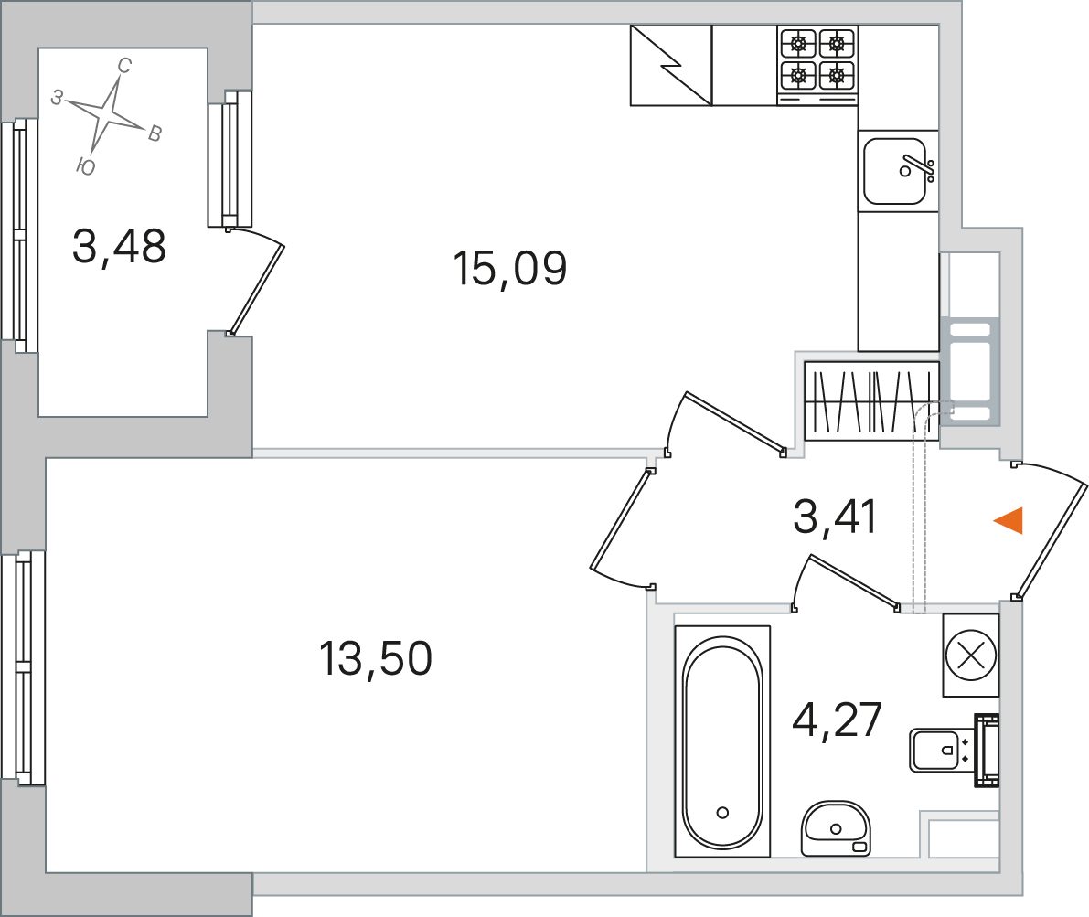 Планировка: 1-комнатная квартира, 36,3 м²