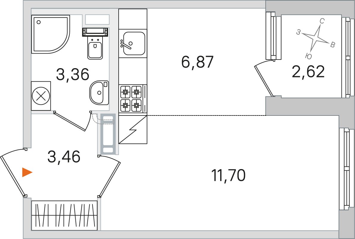 Планировка: студия, 25,4 м²