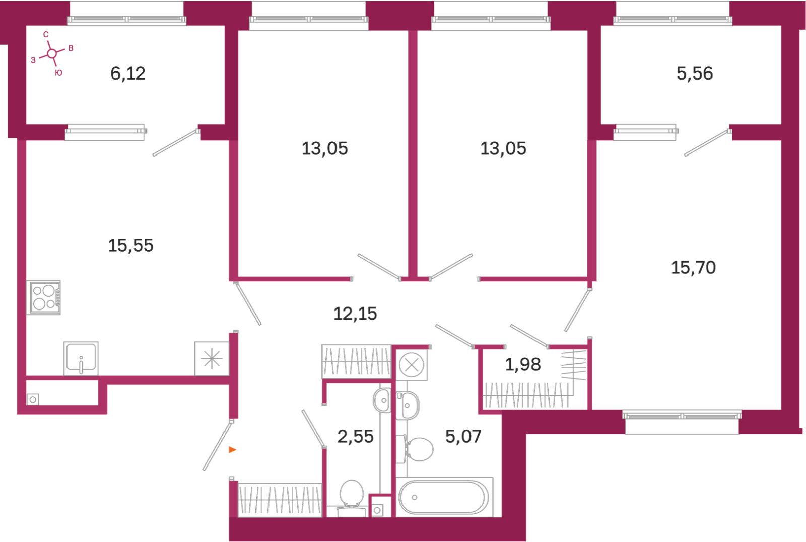 Планировка: 3-комнатная квартира, 79,1 м²