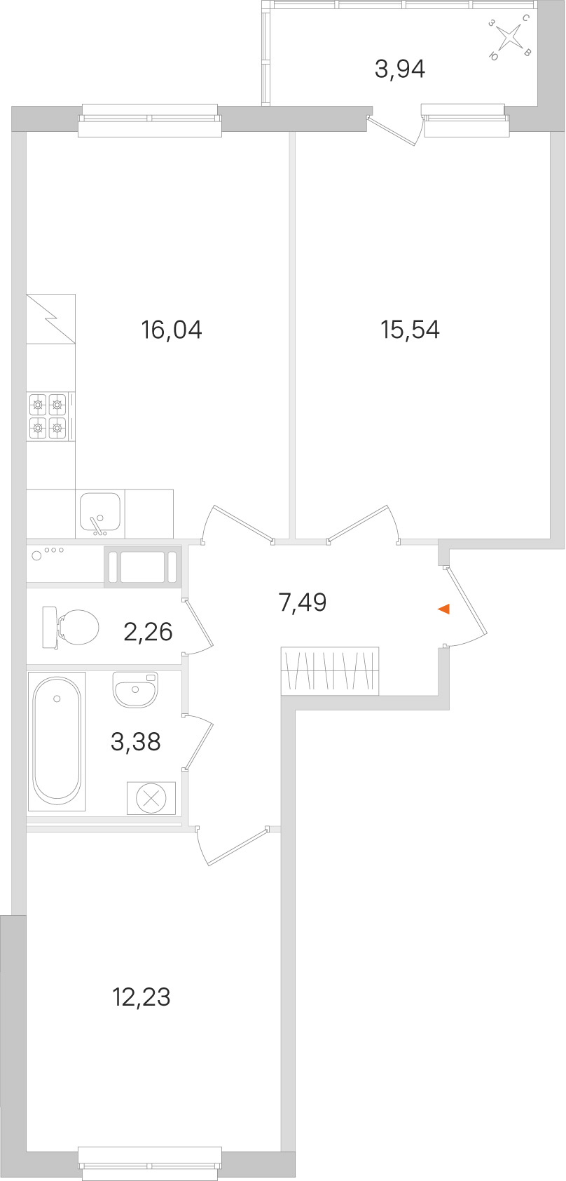 Планировка: 2-комнатная квартира, 56,9 м²