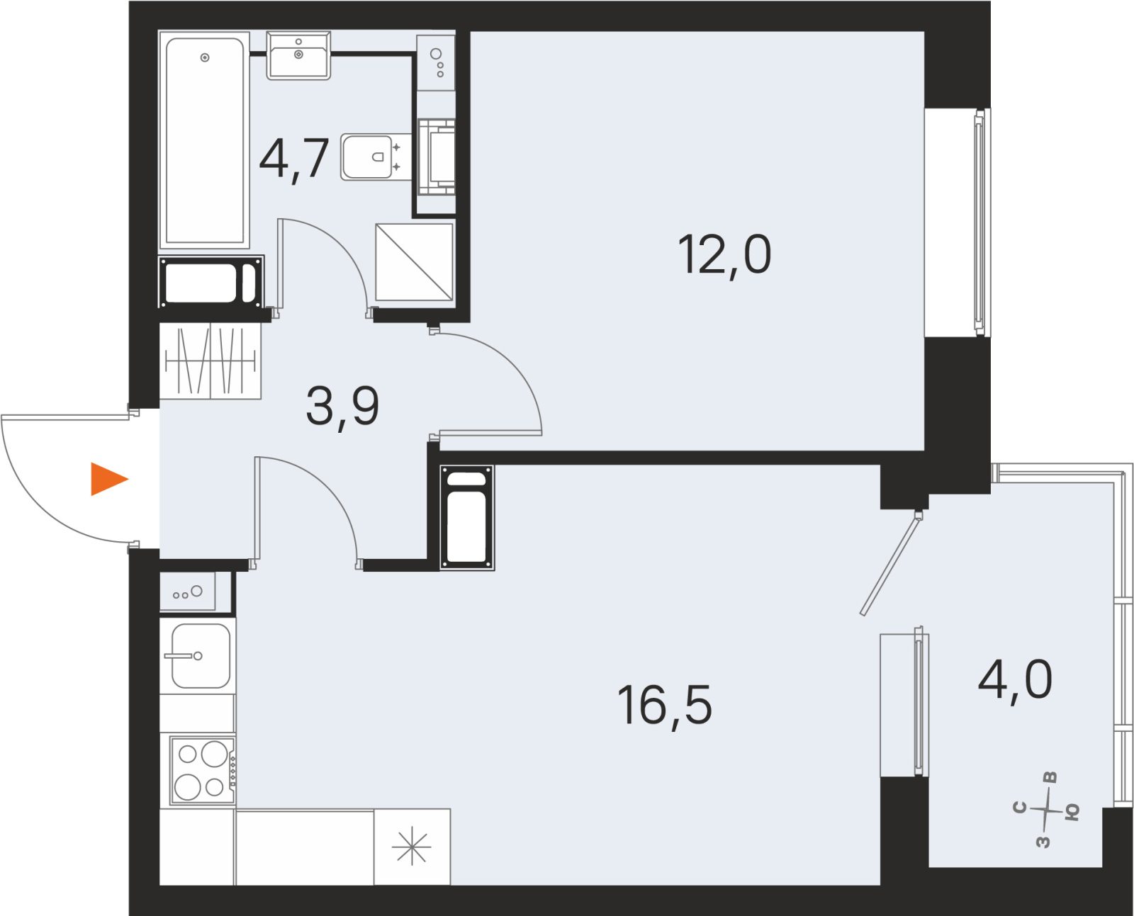Планировка: 1-комнатная квартира, 37,1 м²