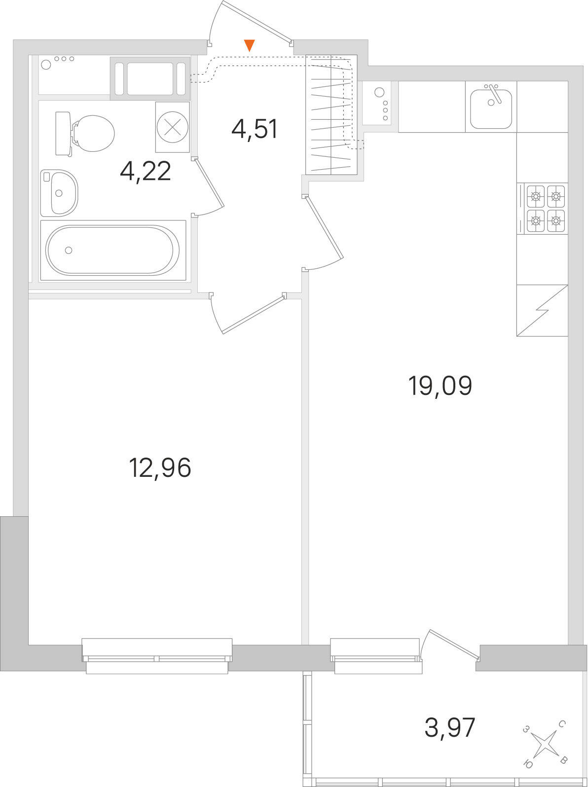 Планировка: 1-комнатная квартира, 40,8 м²