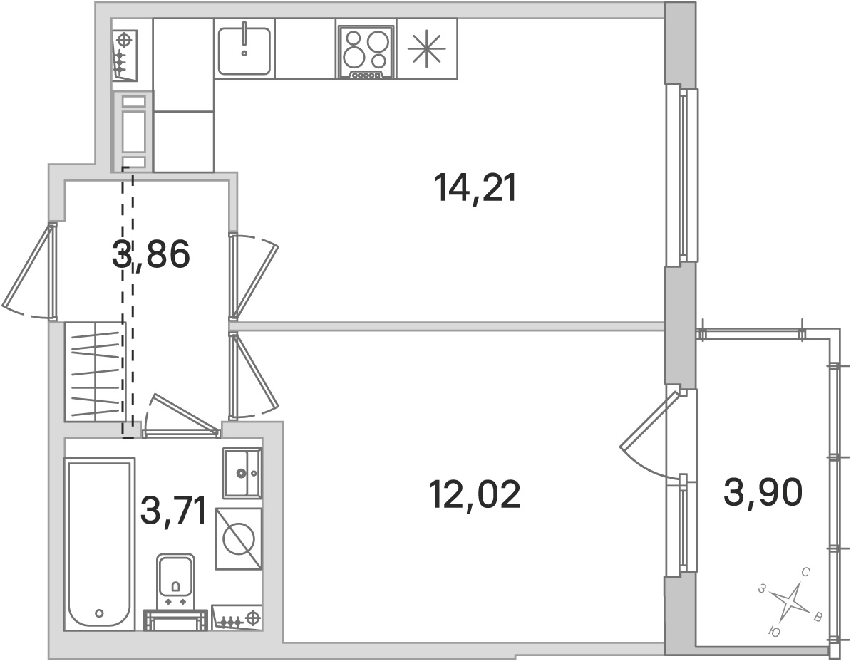 Планировка: 1-комнатная квартира, 33,8 м²
