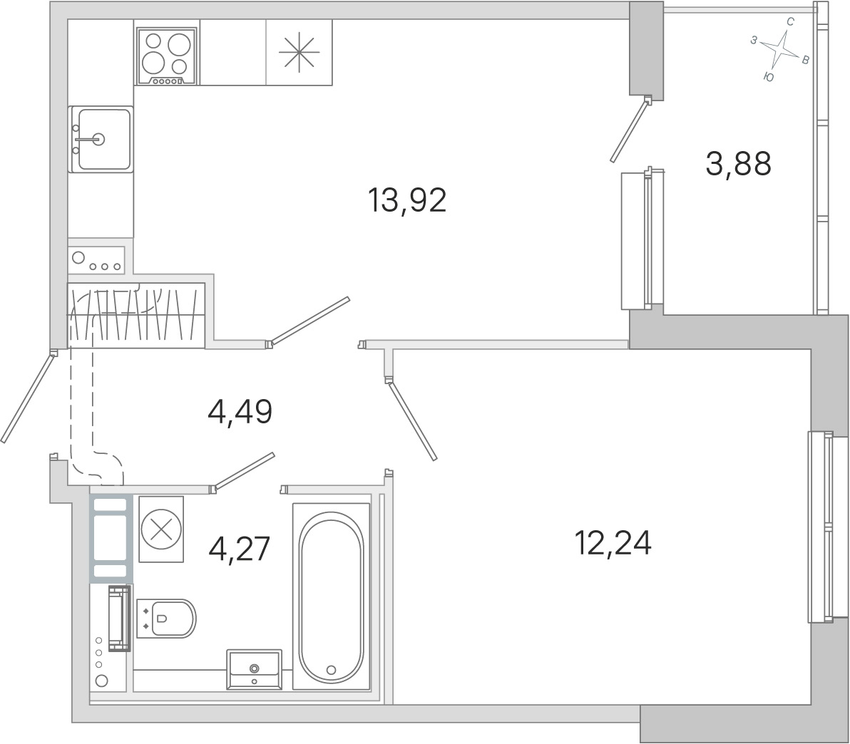 Планировка: 1-комнатная квартира, 34,9 м²