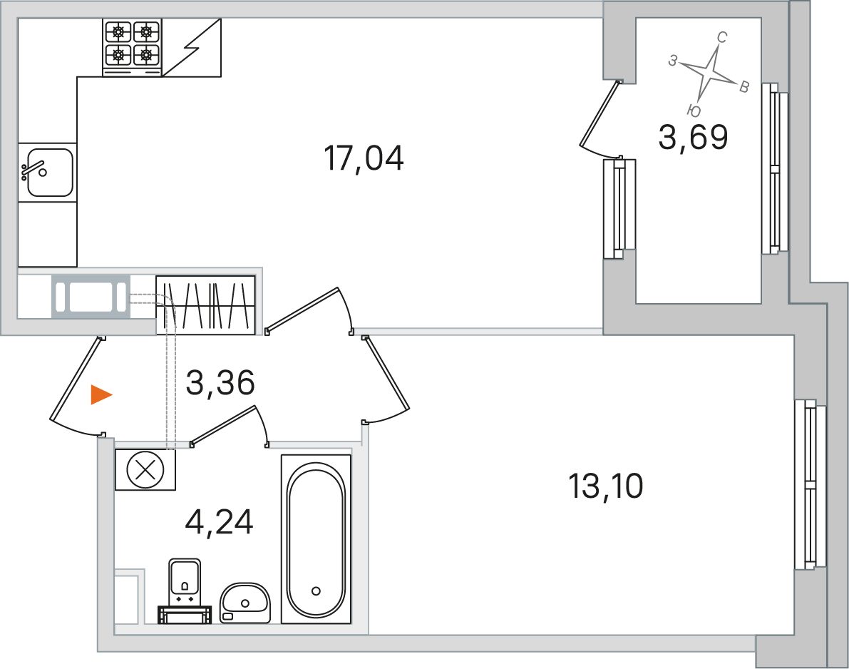 Планировка: 1-комнатная квартира, 37,7 м²