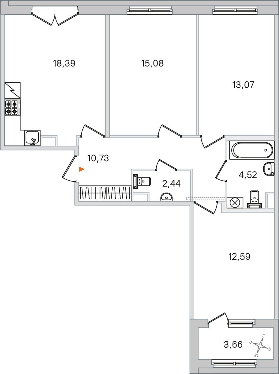 Планировка: 3-комнатная квартира, 76,8 м²