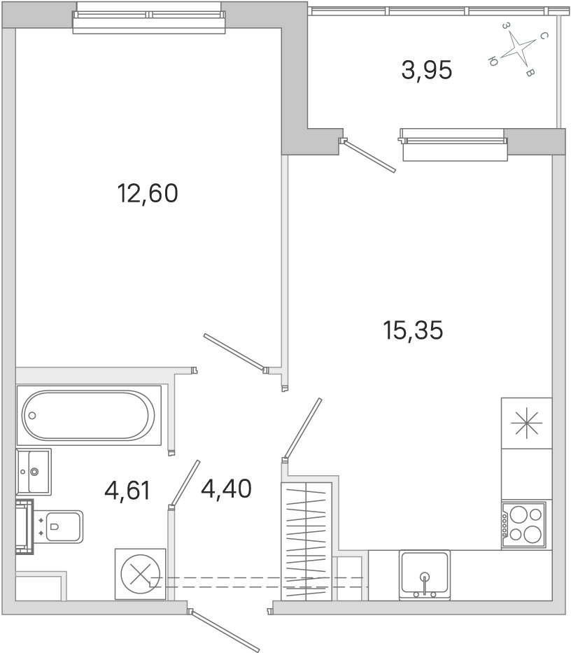 Планировка: 1-комнатная квартира, 37,0 м²