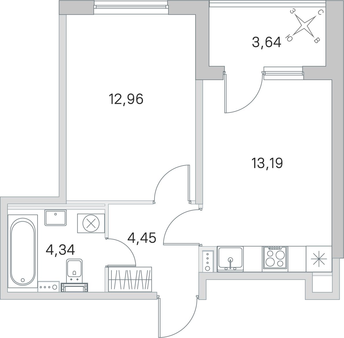 Планировка: 1-комнатная квартира, 34,9 м²