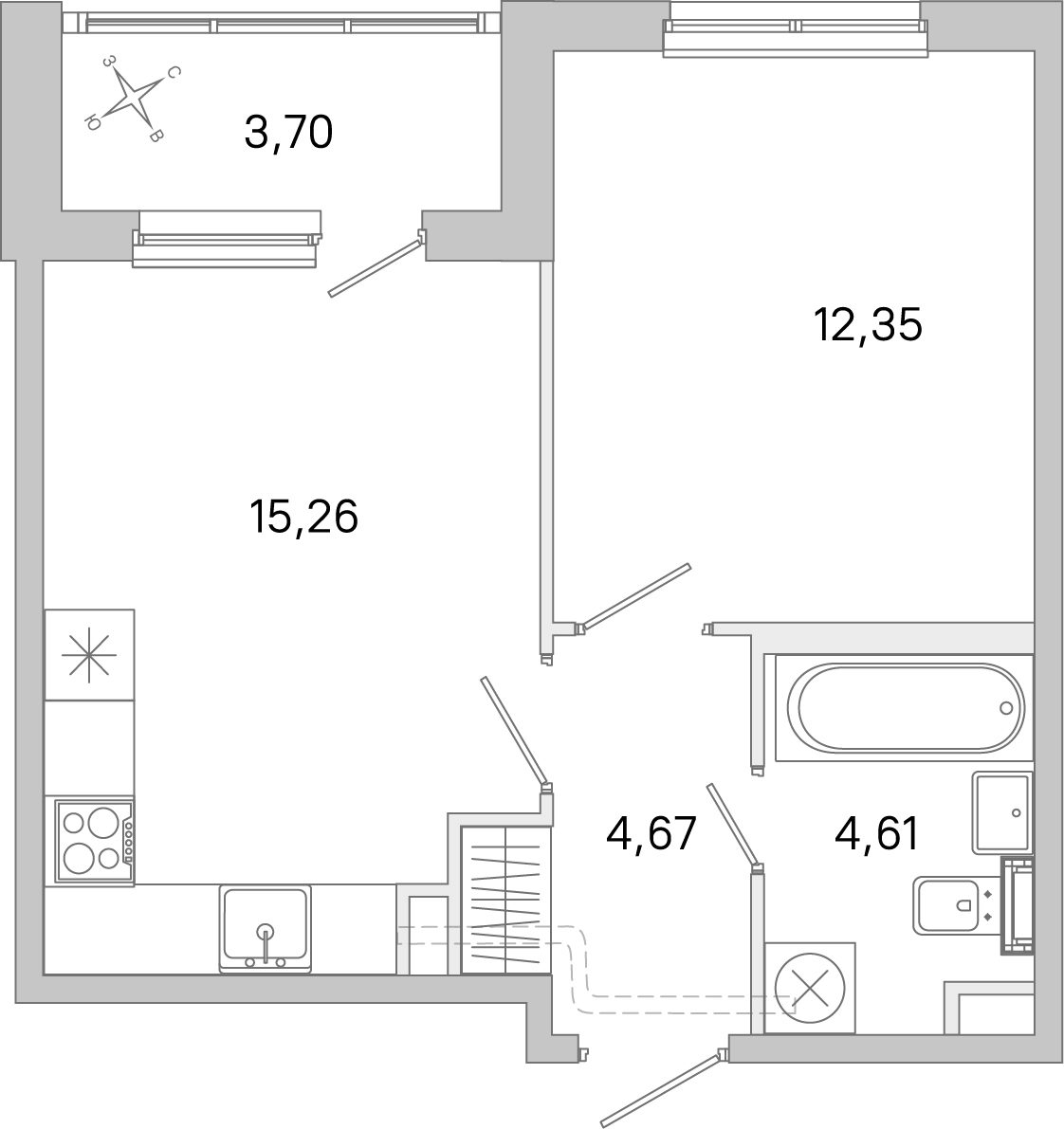 Планировка: 1-комнатная квартира, 36,9 м²
