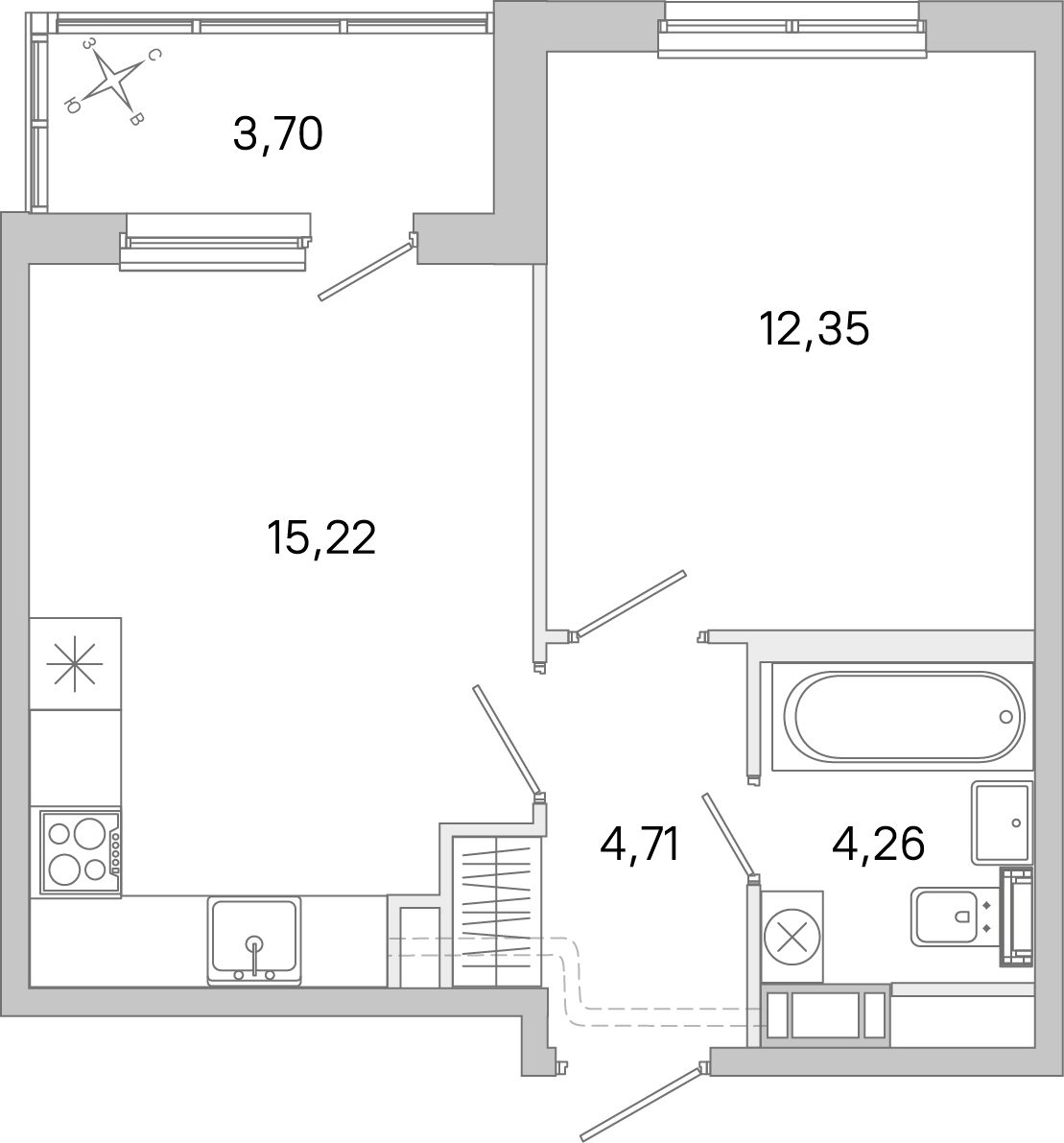 Планировка: 1-комнатная квартира, 36,5 м²