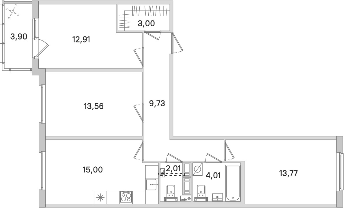 Планировка: 3-комнатная квартира, 74,0 м²