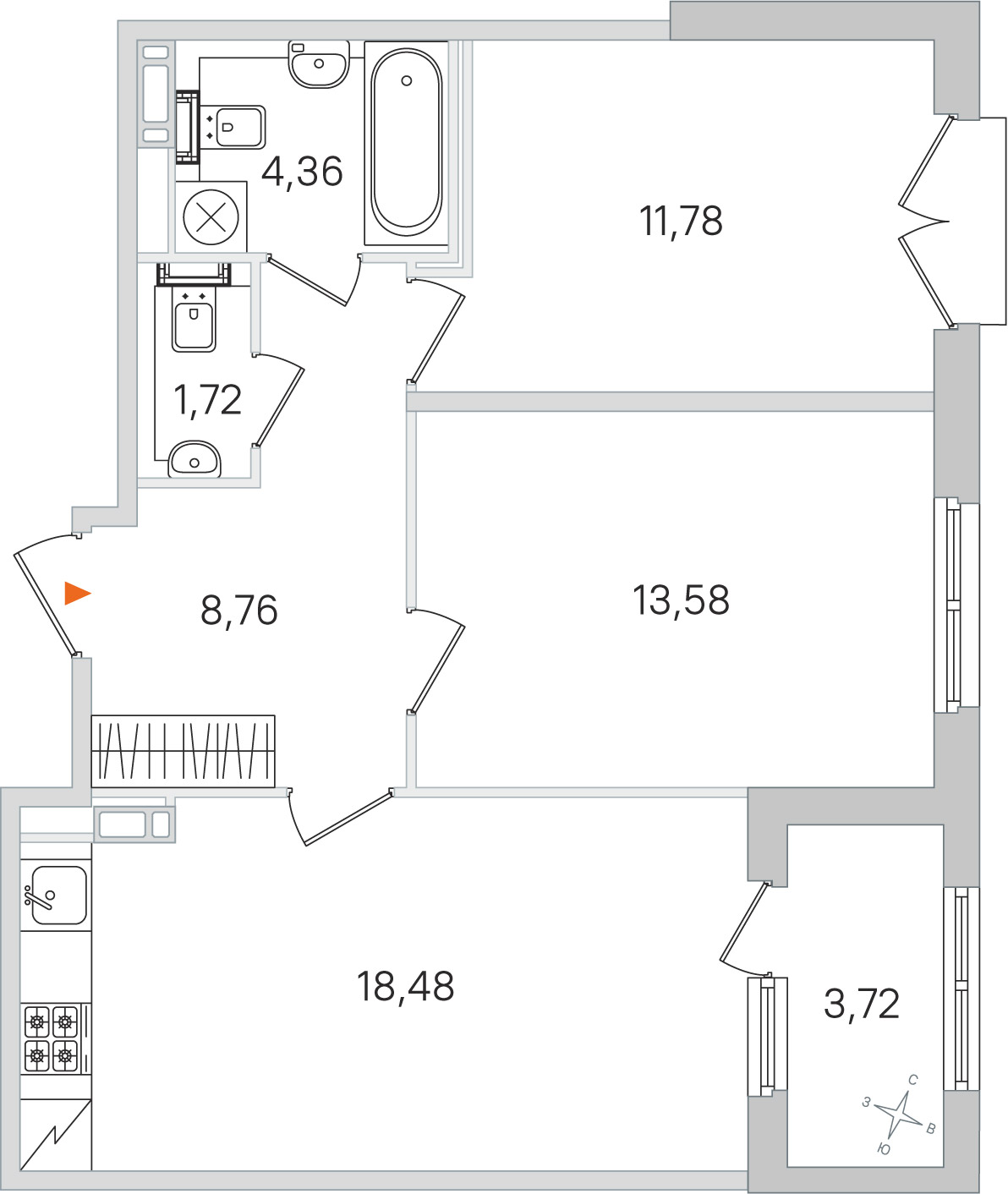 Планировка: 2-комнатная квартира, 58,7 м²
