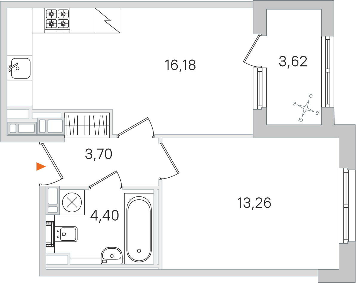 Планировка: 1-комнатная квартира, 37,5 м²