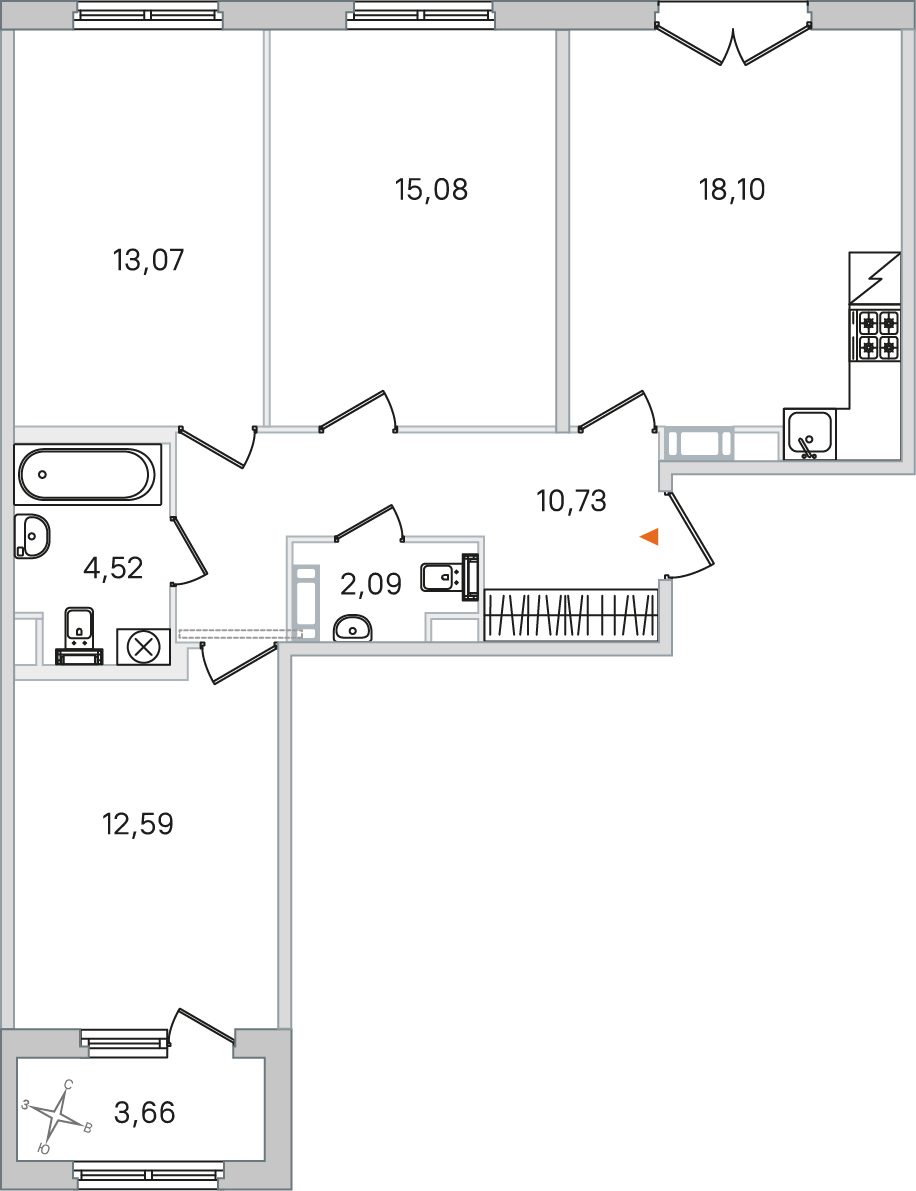 Планировка: 3-комнатная квартира, 76,2 м²