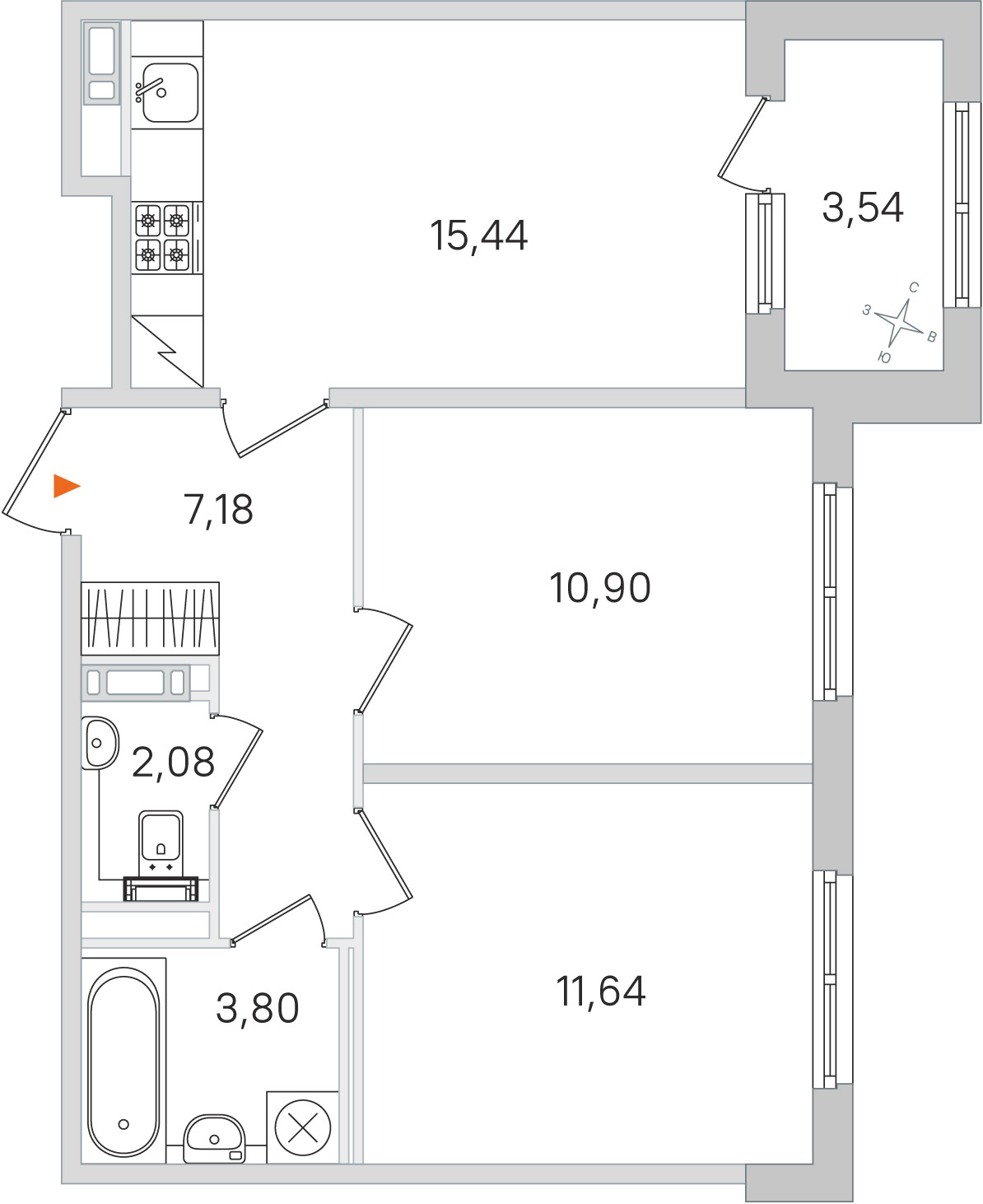 Планировка: 2-комнатная квартира, 51,0 м²