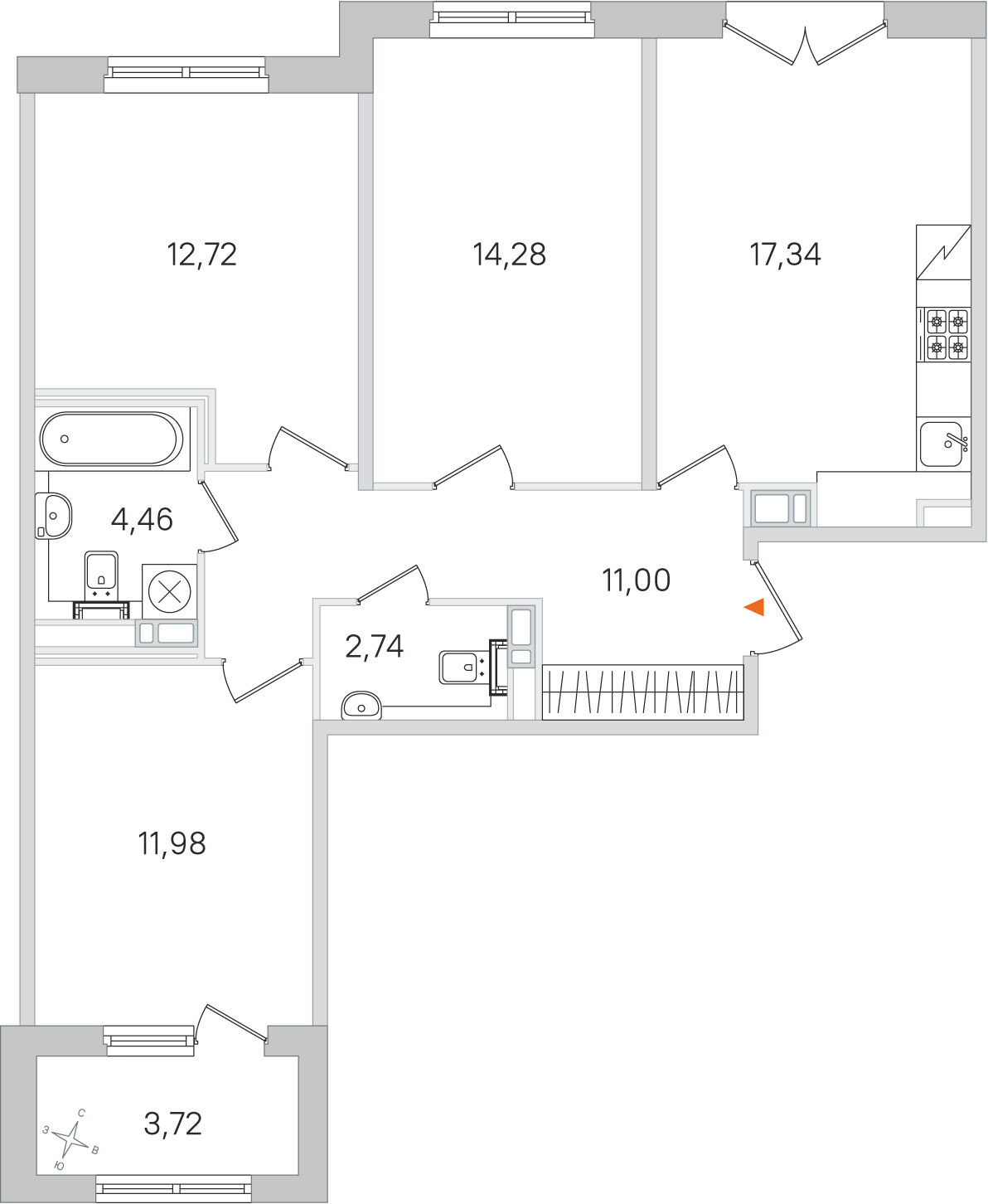 Планировка: 3-комнатная квартира, 74,5 м²