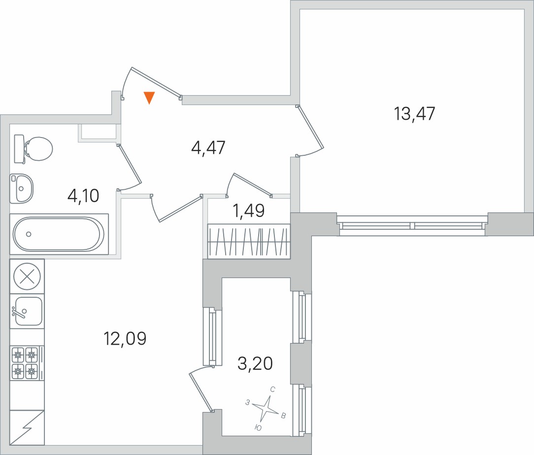Планировка: 1-комнатная квартира, 35,6 м²