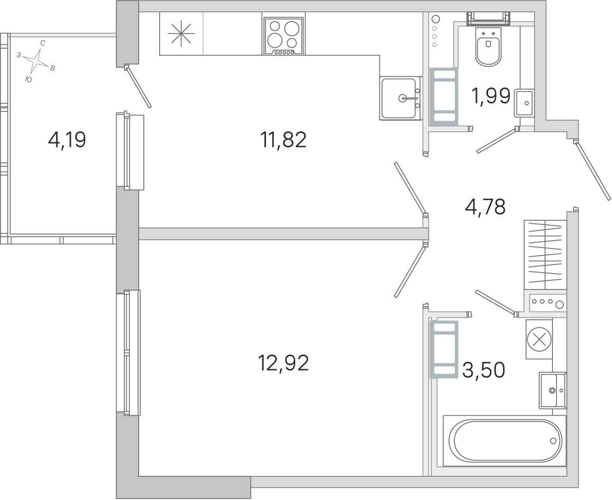 Планировка: 1-комнатная квартира, 35,0 м²
