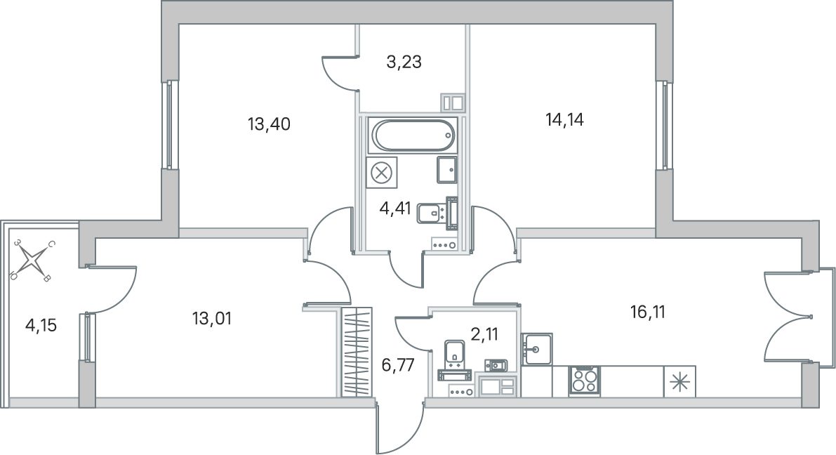 Планировка: 3-комнатная квартира, 73,2 м²