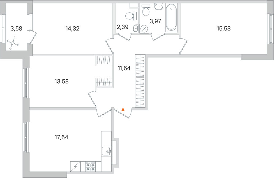 Планировка: 3-комнатная квартира, 79,1 м²