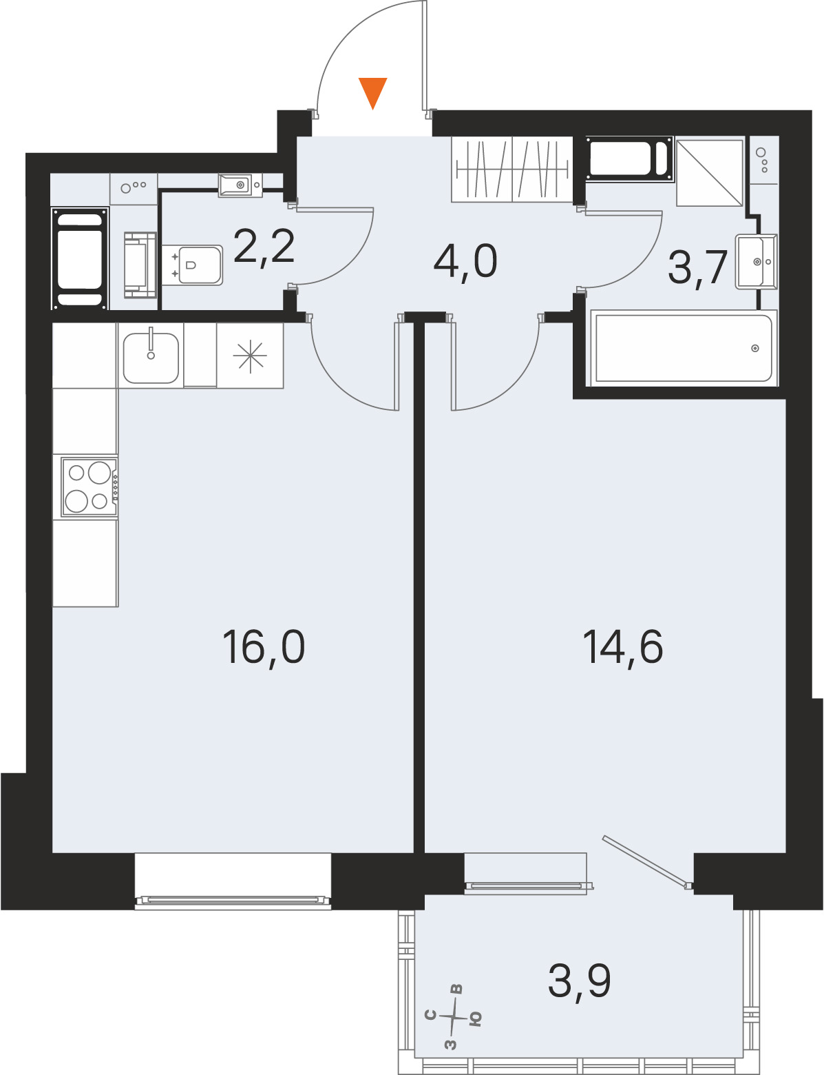 Планировка: 1-комнатная квартира, 40,5 м²