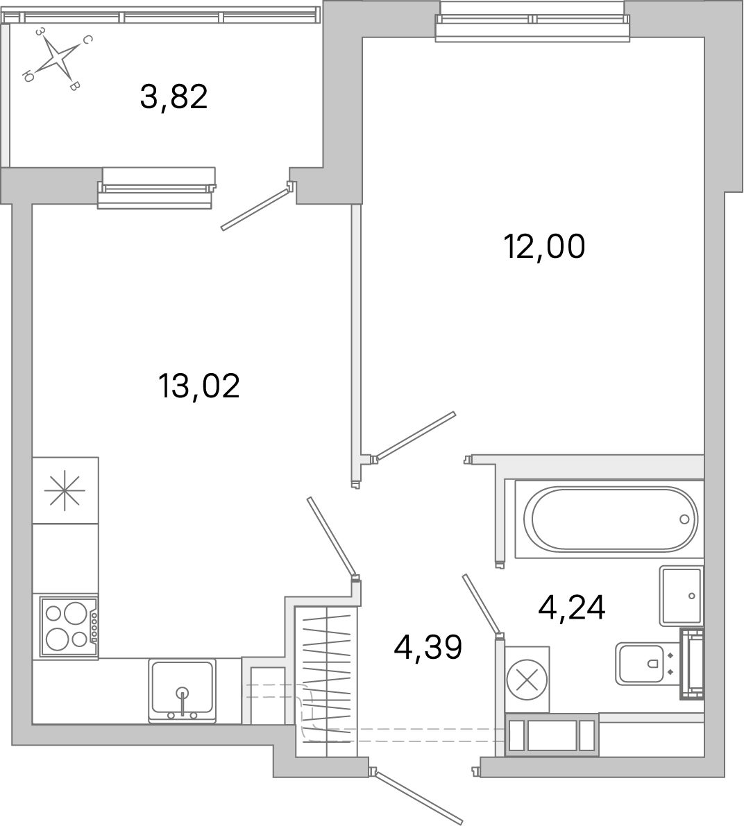 Планировка: 1-комнатная квартира, 33,7 м²