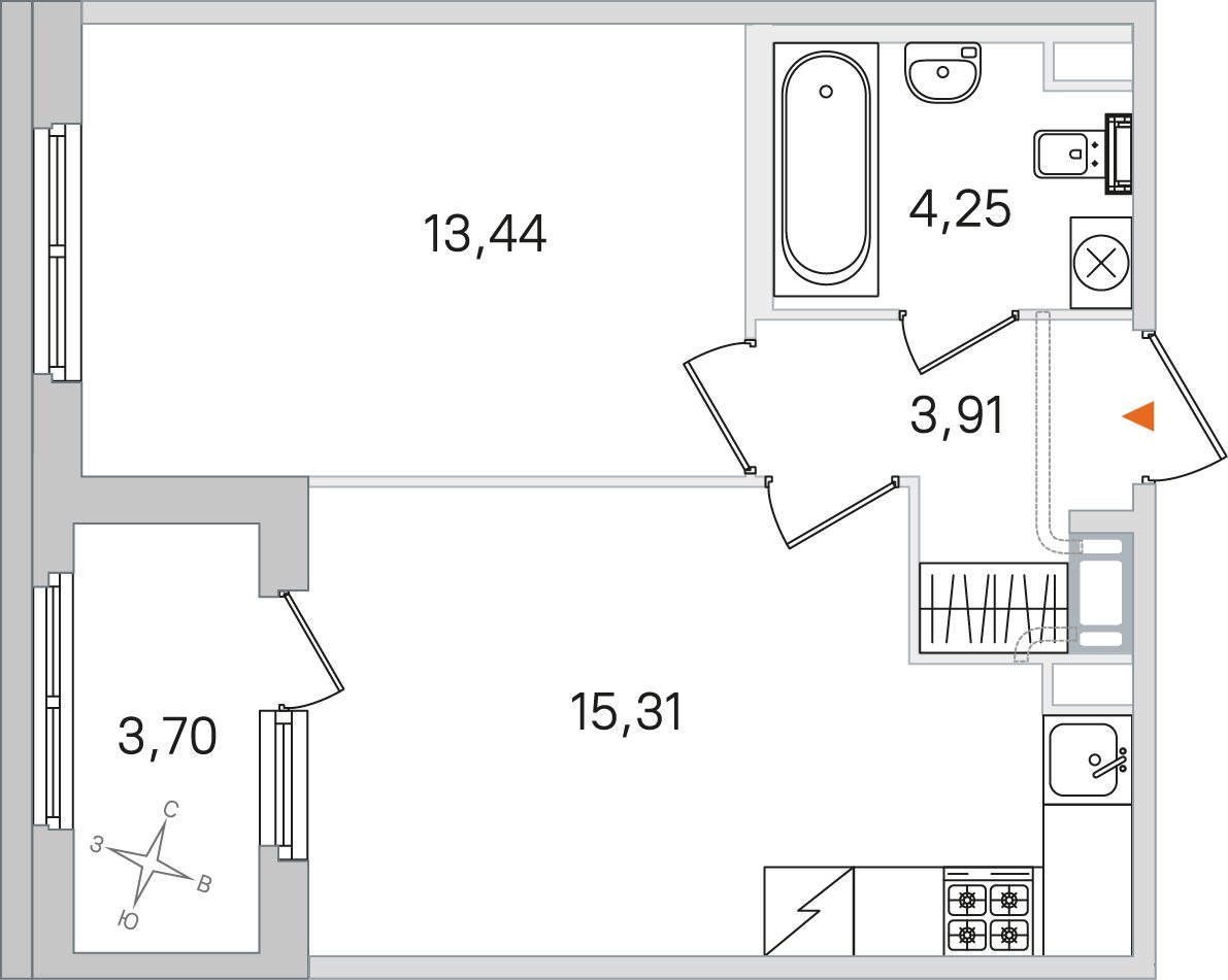 Планировка: 1-комнатная квартира, 36,9 м²