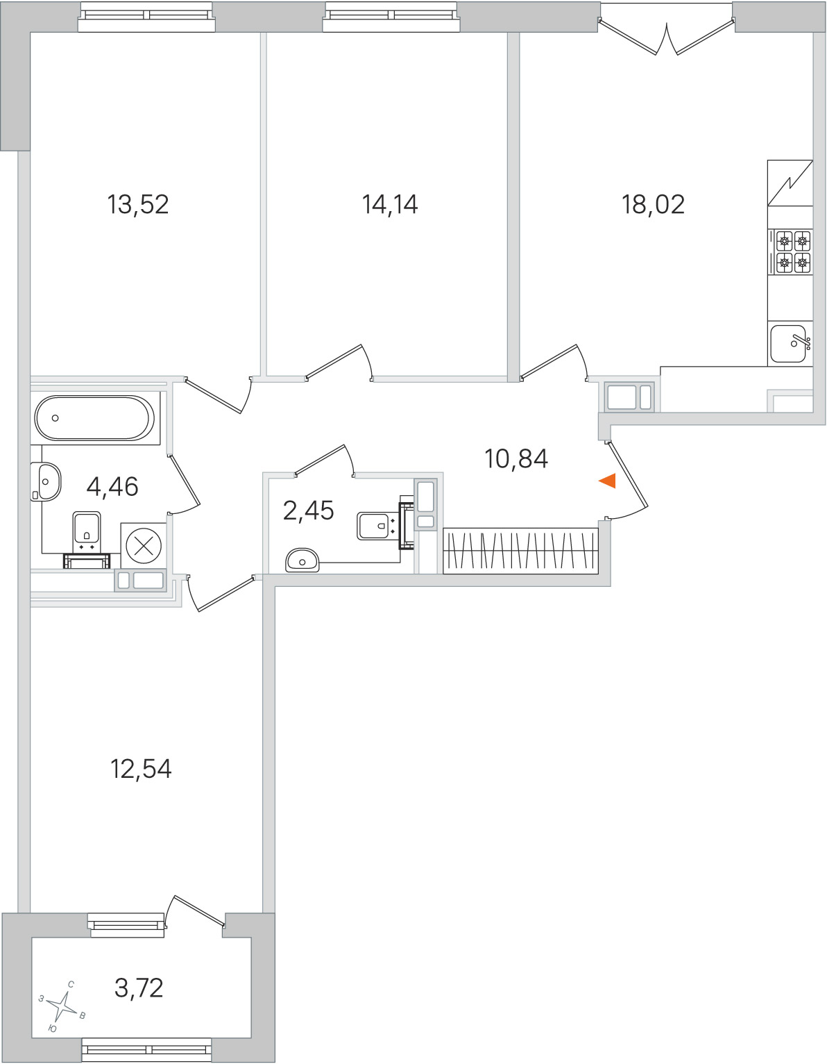 Планировка: 3-комнатная квартира, 76,1 м²