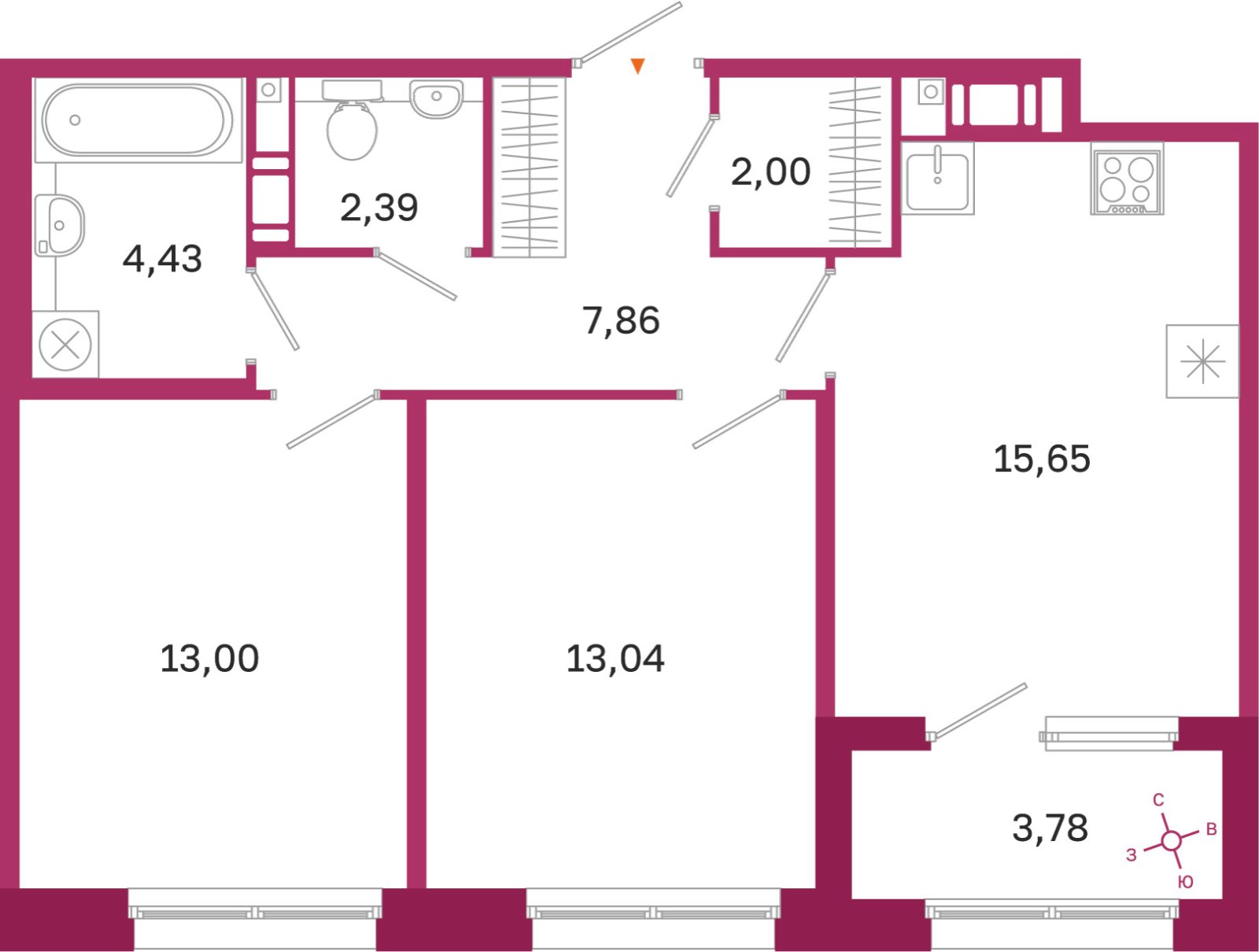 Планировка: 2-комнатная квартира, 58,4 м²