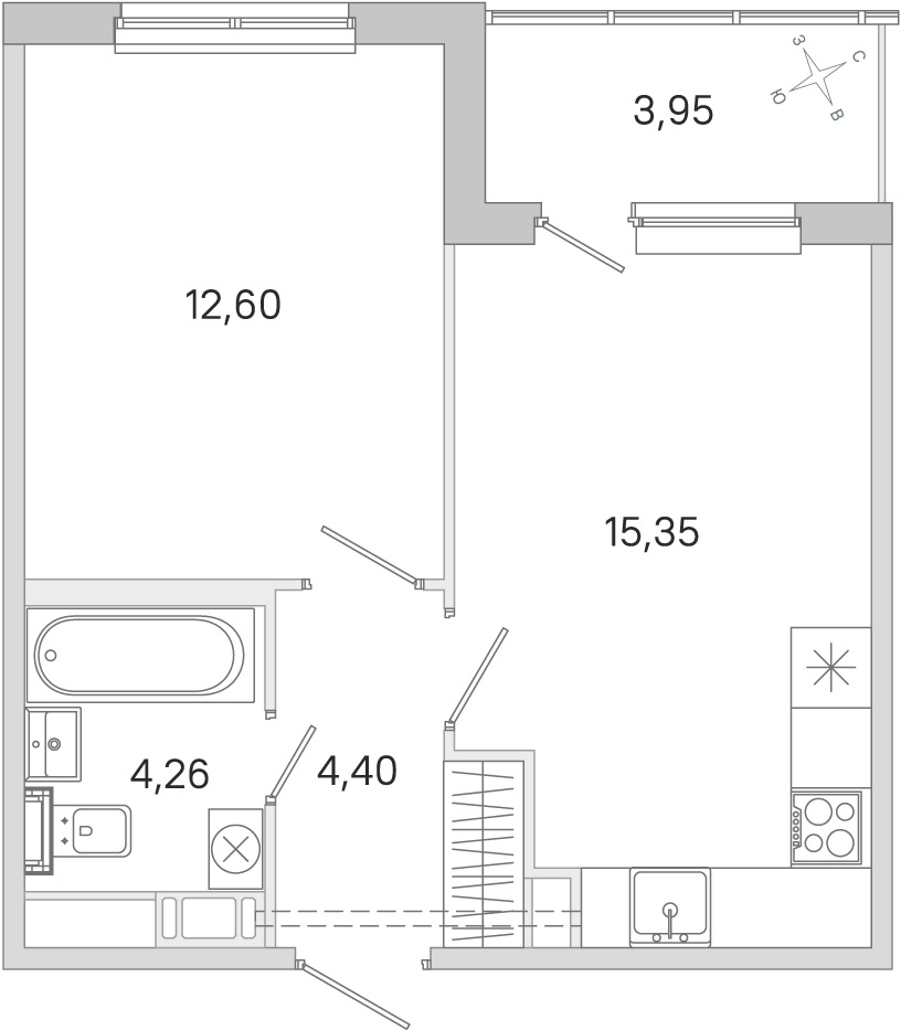 Планировка: 1-комнатная квартира, 36,6 м²