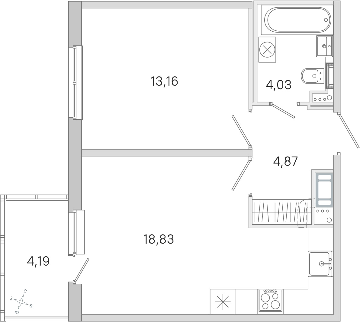 Планировка: 1-комнатная квартира, 40,9 м²