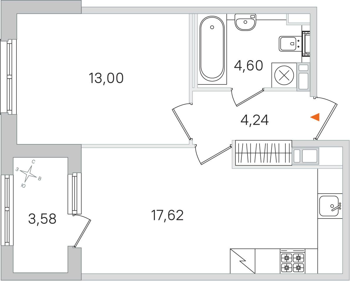 Планировка: 1-комнатная квартира, 39,5 м²
