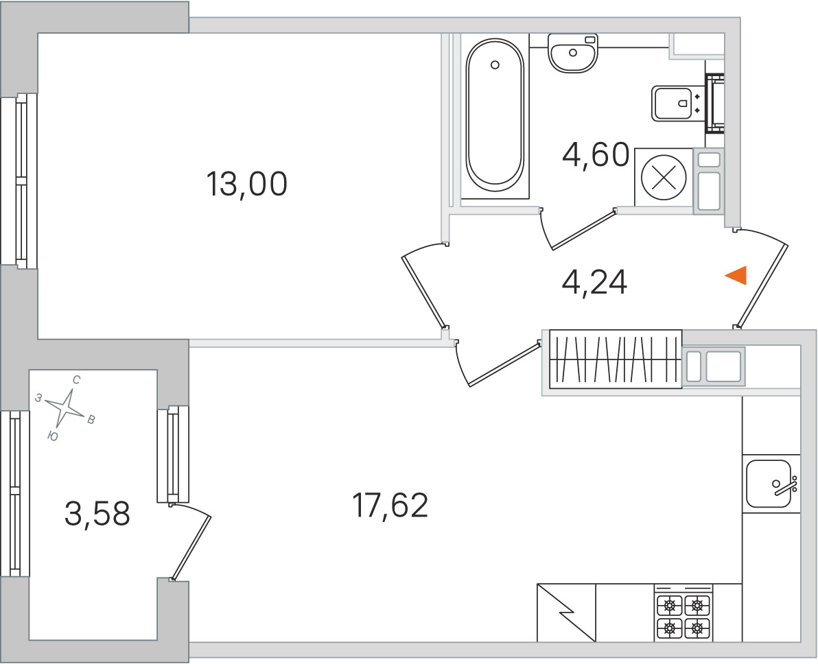 Планировка: 1-комнатная квартира, 39,5 м²