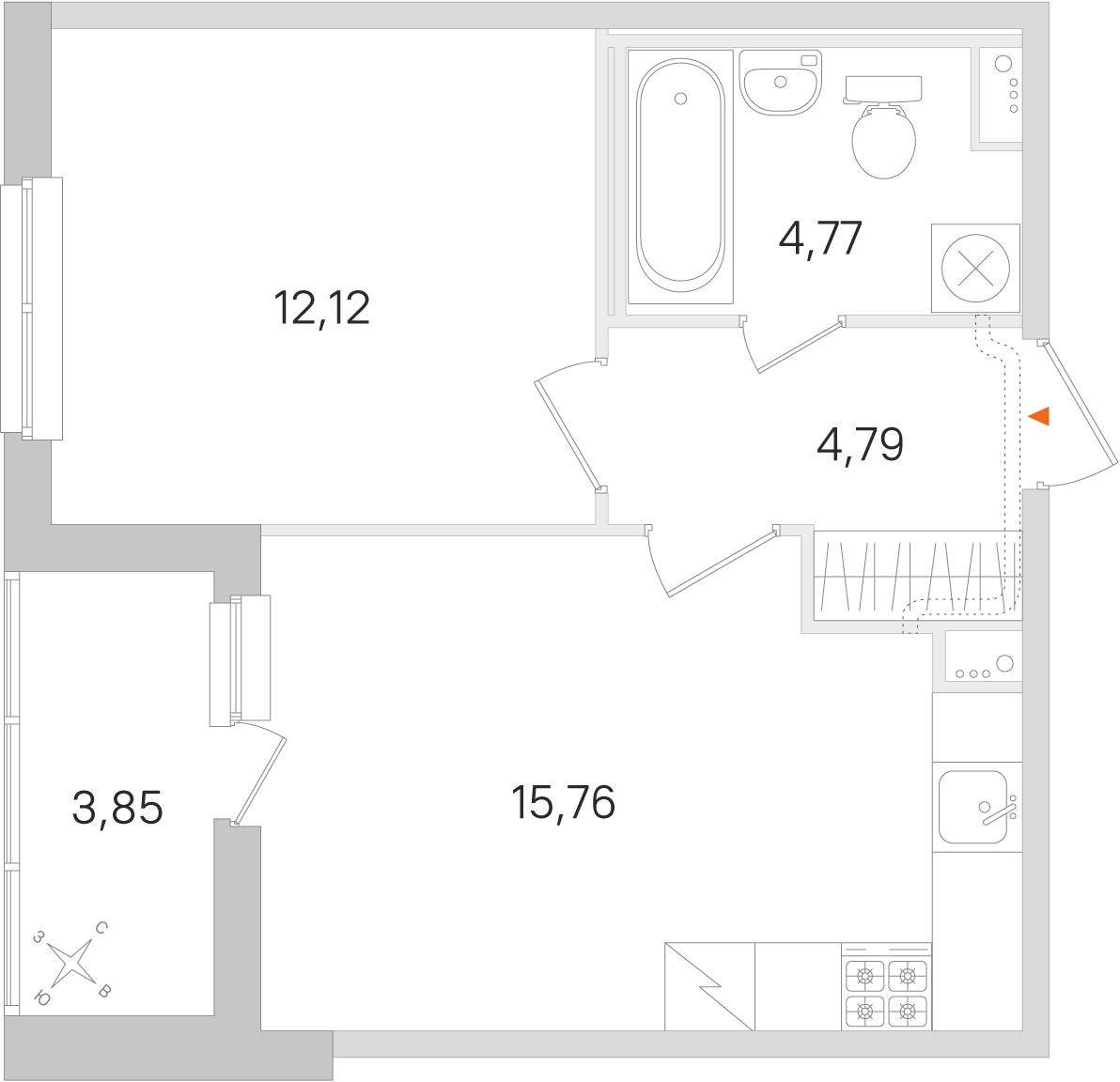 Планировка: 1-комнатная квартира, 37,4 м²