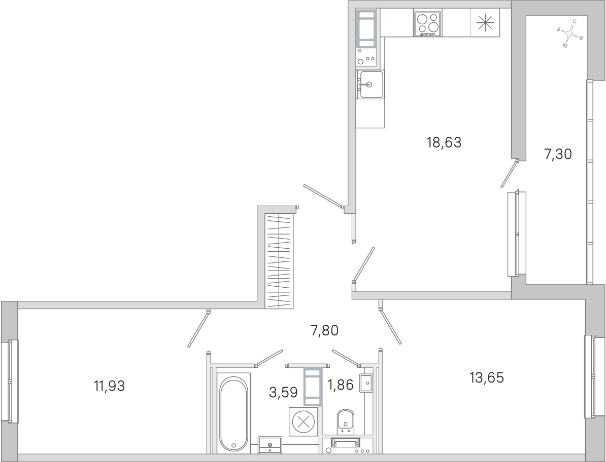 Планировка: 2-комнатная квартира, 57,5 м²
