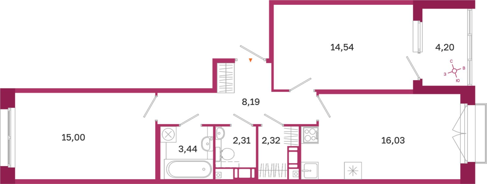 Планировка: 2-комнатная квартира, 61,8 м²