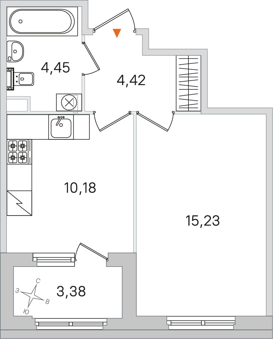 Планировка: 1-комнатная квартира, 34,3 м²