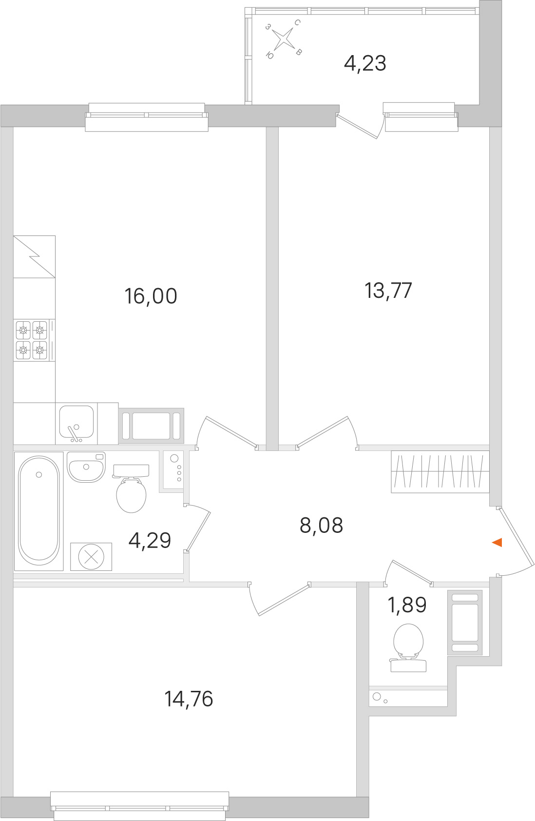 Планировка: 2-комнатная квартира, 58,8 м²