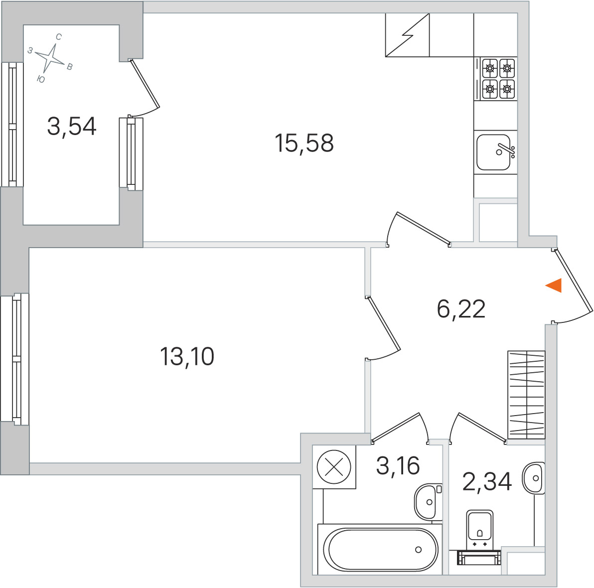 Планировка: 1-комнатная квартира, 40,4 м²