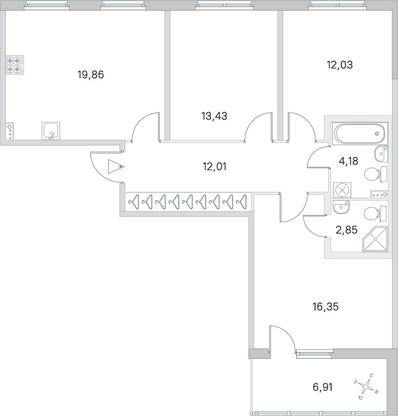 Планировка: 3-комнатная квартира, 80,7 м²